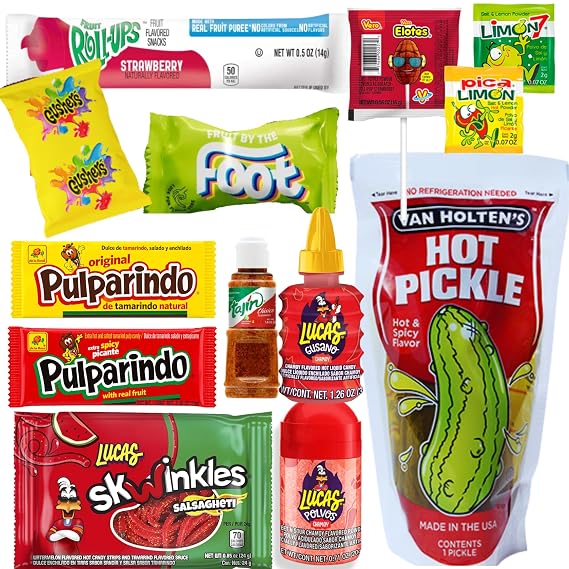 The Full Tiktok Hot & Spicy Pickle Kit With Candy; Chamoy Pickle Kit-Inspired, Includes Fruit-Rollup, Lucas Gusano & Salsagheti & More Mexican Candy by Ma Lit Candy (1 Hot & Spicy Pickle Kit)