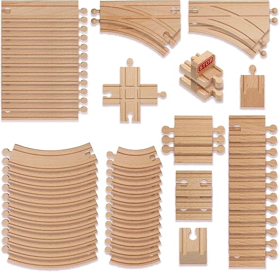 THE TWIDDLERS 64 Piece Wooden Train Track Expansion Pack, Large Set Compatible with All Major Brand Toy Trains - Wide Selection of Straight and Curved Track, Premium Wood Railway Accessories