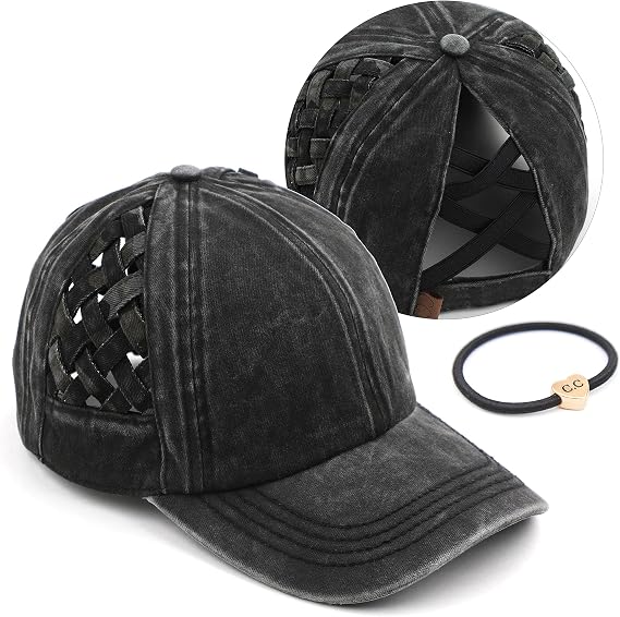 C.C Exclusives Washed Cotton Denim Basket Weave Criss-Cross Ponytail Baseball Cap Bundle Hair Tie (BT-922)