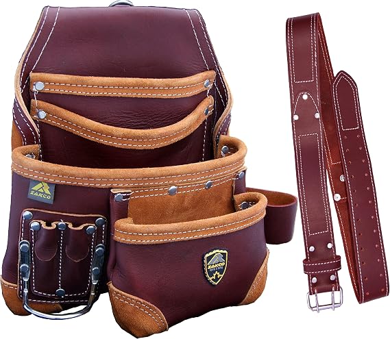PRO-15 8 Pocket Carpenter's Nail & Leather Belt with Genuine Leather Tool Pouch (MAROON)