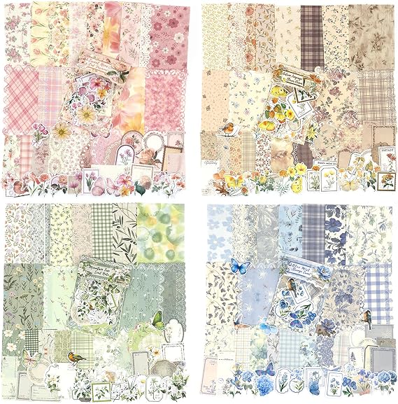 Scrapbook Supplies Kit 400Pcs Vintage Floral Scrapbook Paper & Junk Journal Stickers, 4 Pack Journaling Supplies for Bullet Journaling, Retro Crafts, Planner, Mixed Media, Collage Card Album