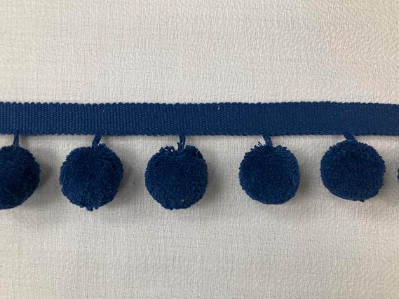Navy Linen Jumbo Designer Pom Pom Fringe 2.25" Width Trim 24 Handmade Pom Pom's Per Yard 1.25" Diameter per Pom Pom TF-83/46 Upholstery Drapery Interior Design Home Furnishing