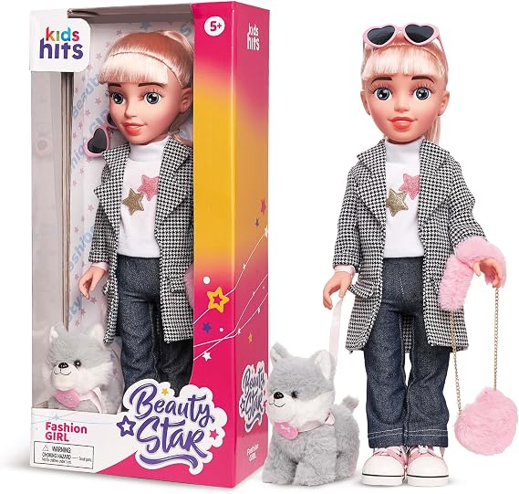 Kids Hits Beauty Star 18-Inch Doll Fashion Girl with Husky Puppy, Stylish Outfit & Accessories Poseable Vinyl Doll for Girls Age 5+