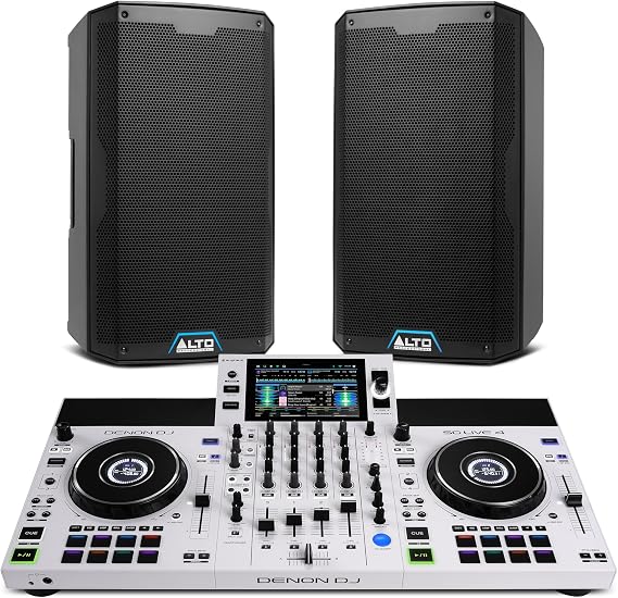 Denon DJ SC Live 4 WHITE DJ Controller and ALTO TS412 Powered PA Speakers Pair for Live Music, DJ sets, Events, Music production