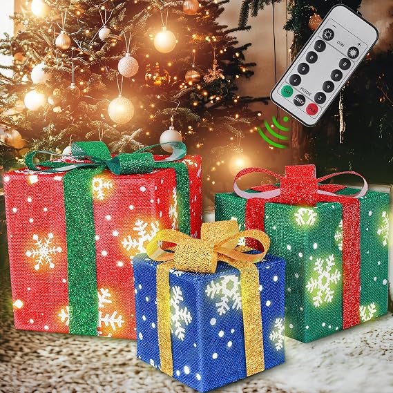 Christmas Lighted Gift Boxes, Set of 3 Light Up Boxes Set, Holiday Decorations, Battery Operated 8 Light Modes for Holiday Indoor Outdoor Christmas Tree, Yard, Home Decor