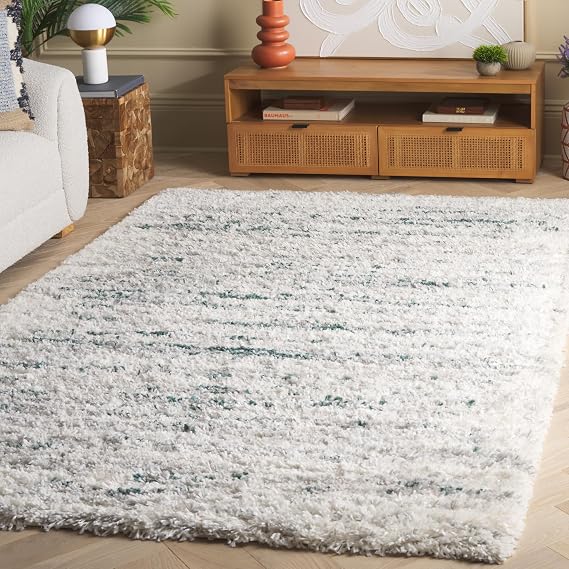SAFAVIEH Fontana Shag 800 Collection Area Rug - 3' x 5', Ivory & Green, Shag & Flokati Design, Ideal for High Traffic Areas in Living Room, Bedroom & Dining Room (FNT850C-3)