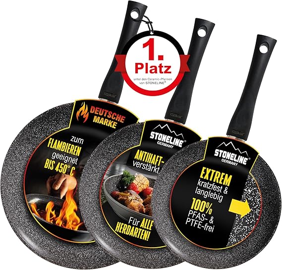 STONELINE Pan Set Aluminium, 3-Piece, Black, 20 cm (1 L), 24 cm (1.7 L), 28 cm (3.3 L), Cookware Set
