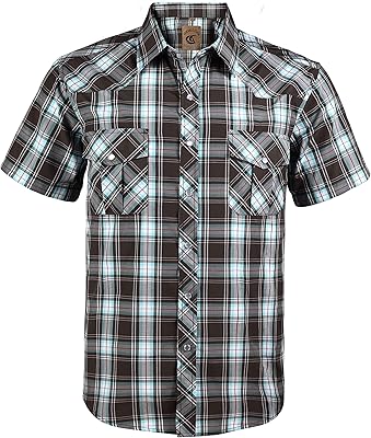 COEVALS CLUB Mens Western Cowboy Short Sleeve Pearl Snap Casual Plaid Work Shirts