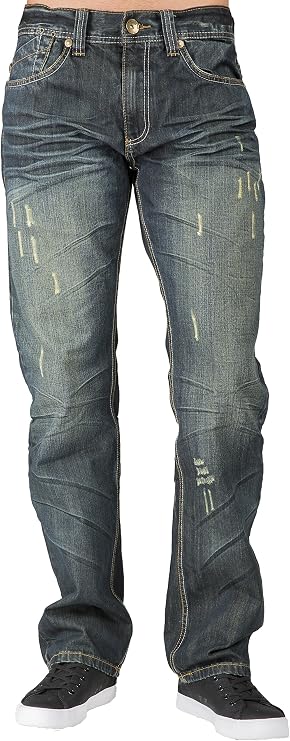 Level 7 Men's Relaxed Straight Premium Denim Jeans with Handcrafted Wash & Whiskering in Basic 5-Pocket Style