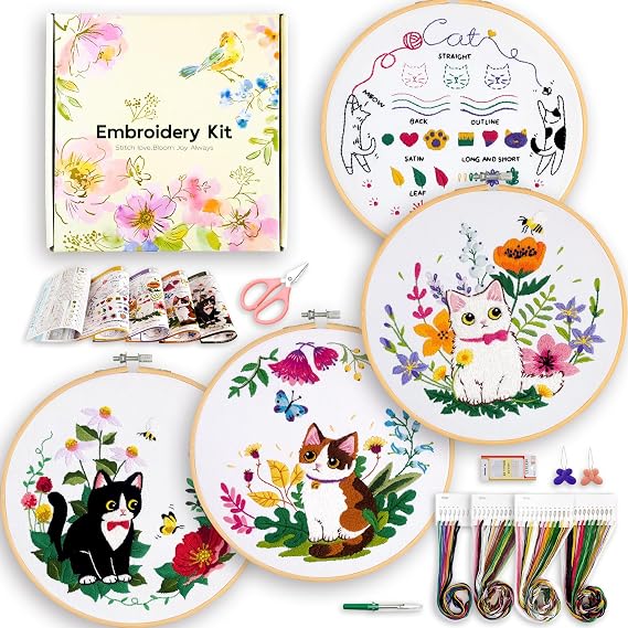4-Piece Cat Embroidery Kit for Beginners, Needle Point Kit Adults Beginner