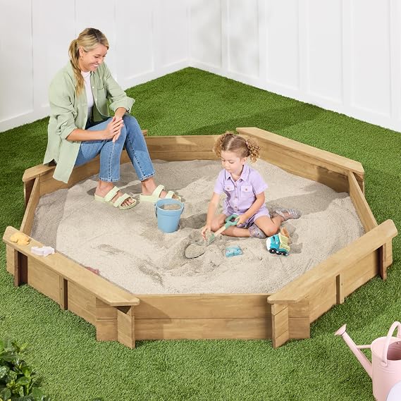 Best Choice Products Large Outdoor Octagon Wooden Sand Box for Kids, Sandbox with Cover, 4 Reinforced Benches Support up to 220 lbs Each, Bottom Liner for Drainage - Natural