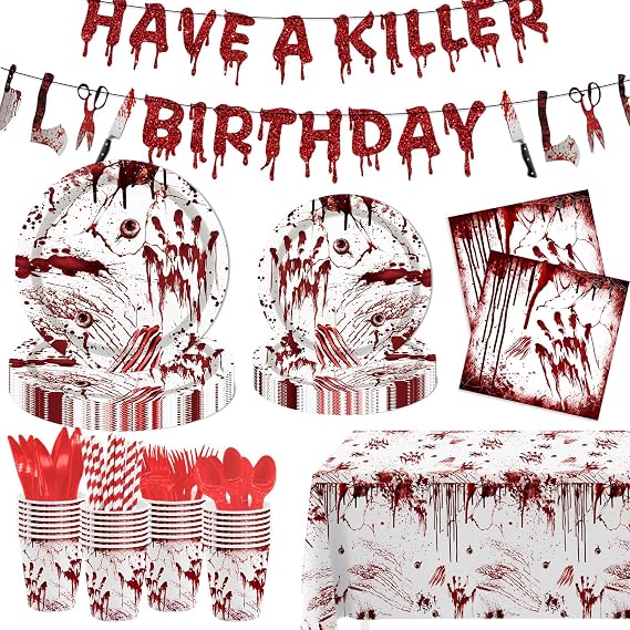 MEHOFOND Killer Birthday Decoration, 194PCS Halloween Scream Party Tableware Decorations Include Have a Killer Banner Bloody Hand Print Plates Napkins Tablecloth for Horror Themed Birthday Supplies