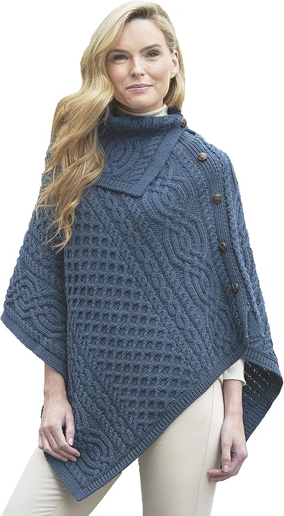Aran Crafts Women's Cable Knit Buttoned Cowl Neck Poncho (100% Merino Wool)