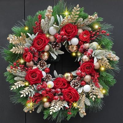 24 Inch Artificial Christmas Wreath for Front Door, Christmas Rose Floral Wreath with Lambs Ear Red Berries Pine Cones Golden Leaves, Winter Wreaths for Front Door Wall Home Outdoor Decor