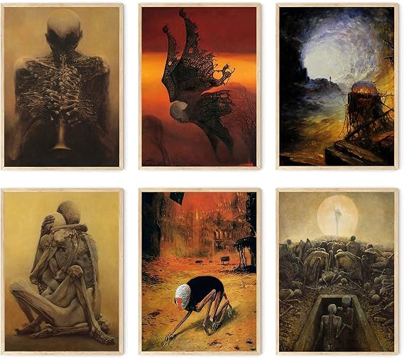 Zdzisław Beksiński Wall Art，Set of 6 Artist Prints Wall Decor Vintage Poster, Aesthetic Decorative Painting for Living Room Bedroom Wall, Rustic Decorative Painting (Unframed10x14 inch)