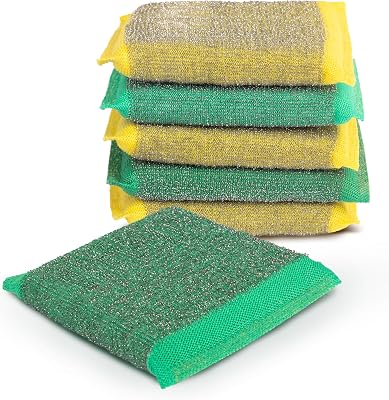 Simplified 6-Pack Steel Scouring Sponges with Rust Resistant Stainless Steel Threading for Home and Kitchen Cleaning Supplies, Heavy Duty Cleaning Sponge for Kitchen & Bathroom, NavyYellow