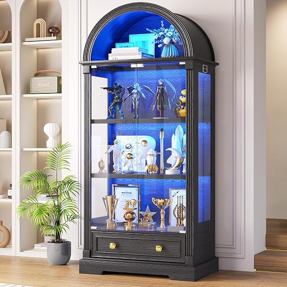 Black Curio Cabinet with Glass Doors, 72" Tall Arched Display Cabinet with Human Sensor Lights, 4-Tier Display Case for Collectibles Bookcase Living Room
