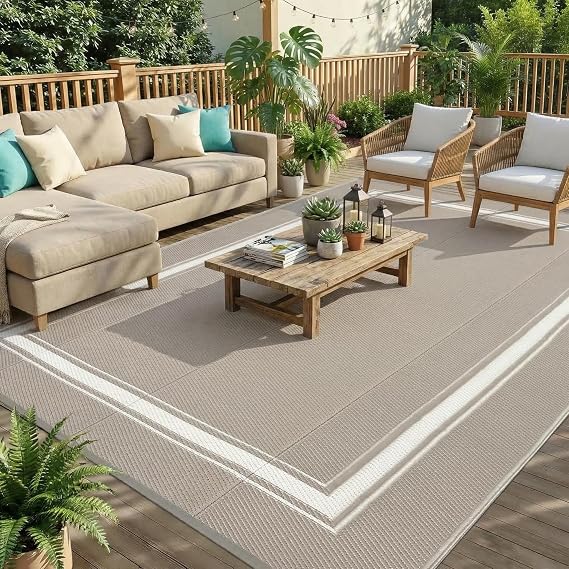 GAOMON Outdoor Rugs 8x10 Waterproof Reversible Plastic Straw Rug Bordered Patio Rug, Foldable Lightweight RV Camping Mat with Portable Bag & 4 Stakes, UV Resistant & Sturdy for Picnic, Dusty Taupe