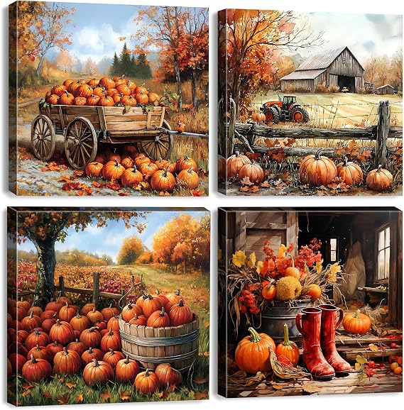 Fall Wall Art Rustic Country Pumpkin Wall Decor Old Barn Pictures for Living Room Watercolor Autumn Nature Landscape Canvas Print Farmhouse Maple Tree Artwork Kitchen Bedroom Home Decoration 12x12" 4P