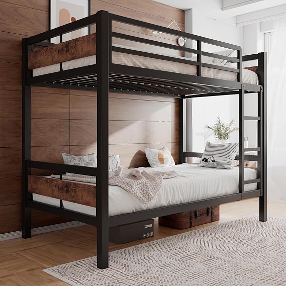 Einhomn Bunk Bed Twin Over Twin, Heavy Duty Metal Bed with Ladder -Length Guardrail, Under-Bed Storage Space, No Box Spring Needed, Noise Free, Rustic Brown