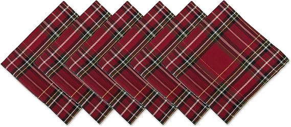 DII Holiday Dining Table & Kitchen Decor Metallic Fabric, Christmas Napkin Set, 20x20, Red Tartan Plaid, 6 Piece