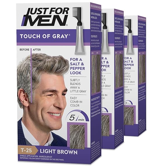 JUST FOR MEN Touch of Gray, Salt & Pepper Look, Light Brown T-25 (1 Pack) | Touch of Gray light brown instantly blends away grays for subtle salt & pepper look. Easy comb applicator & no-mix formula.