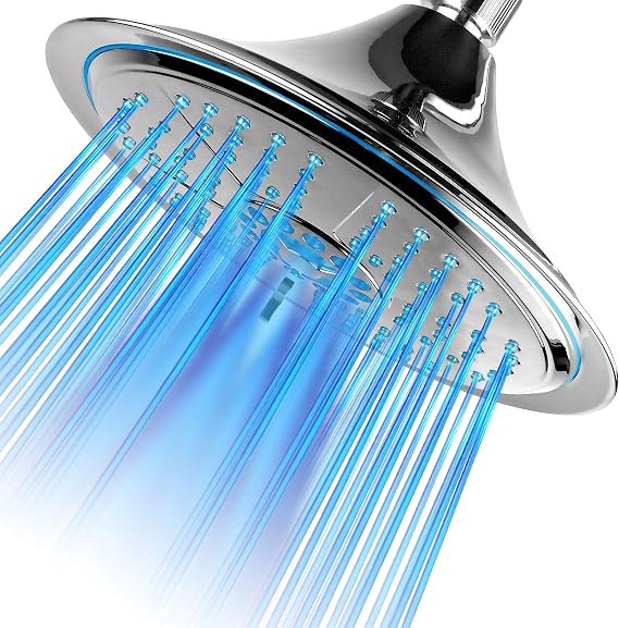 Hotel Spa Ultra-Luxury Extra-large 8 Inch Chrome Face 5-Setting Rainfall LED Shower-Head by Top Brand Manufacturer. Color of LED lights changes automatically according to water temperature