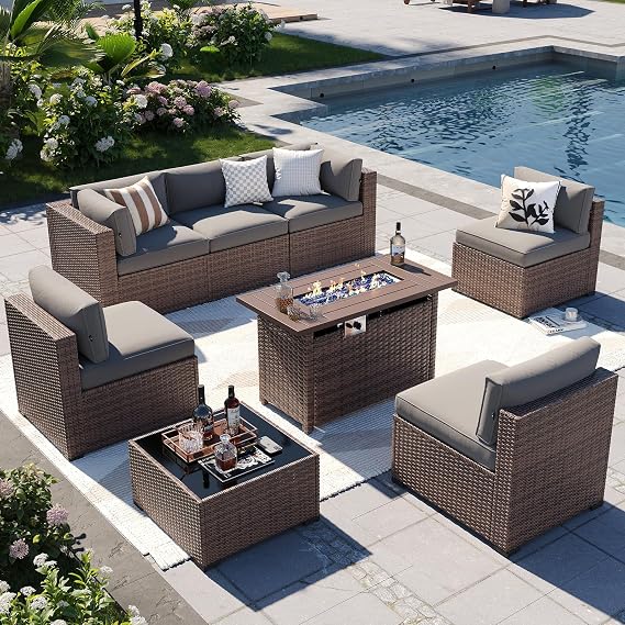 Aoxun Patio Furniture Sets, 8-Piece Outdoor Patio Furniture with 44'' Propane Gas Firepit Table, Wicker Outdoor Conversation Set Sectional Sofa for Backyard, Poolside, Garden
