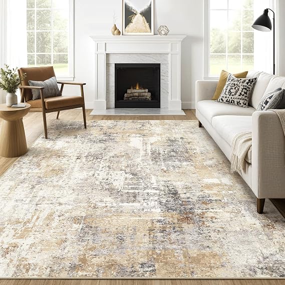 LOONGRUG 8x10 Area Rugs Washable Large Neutral Modern Living Room Rug | Abstract Soft Stain Resistant Non-Slip Indoor Carpet for Bedroom Nursery Playroom Office Dining Room- Grey Gold