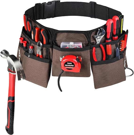 11 Pocket Brown and Black Heavy Duty Construction Tool Belt, Work Apron, Tool Pouch, with Poly Web Belt Quick Release Buckle - Adjusts from 33 Inches All the Way to 50 Inches