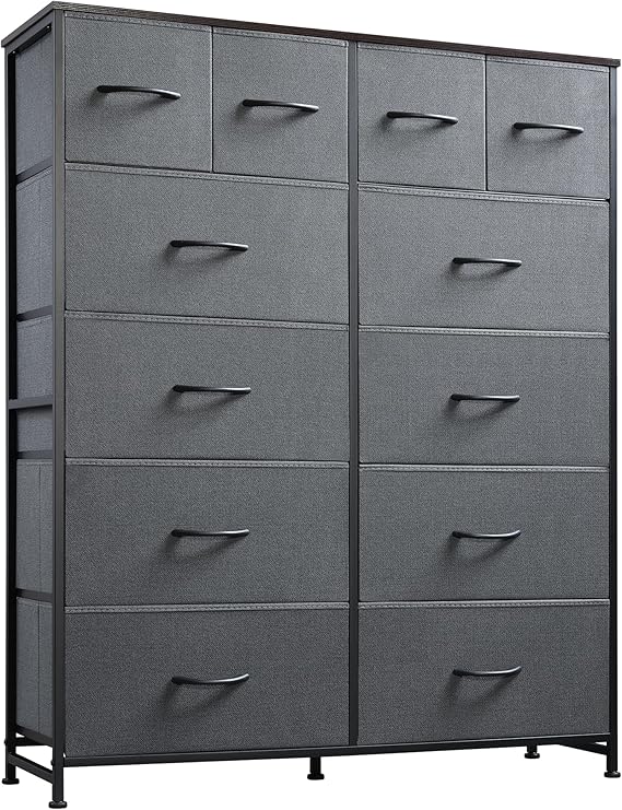 WLIVE Tall Dresser for Bedroom with 12 Drawers, Chests of Drawers, Fabric Dressers for Closet, Living Room, Storage Dresser Organizer with Wood Top, Steel Frame, Dark Grey