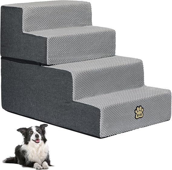 Dog Stairs for Couch Sofa and Bed, 4-Step Foam Pet Stairs 18 Inch H, Dog Steps for Small Dogs Cats Puppies, High-Density Foam Pet Ladder with Washable Cover Non-Slip Bottom, Gray