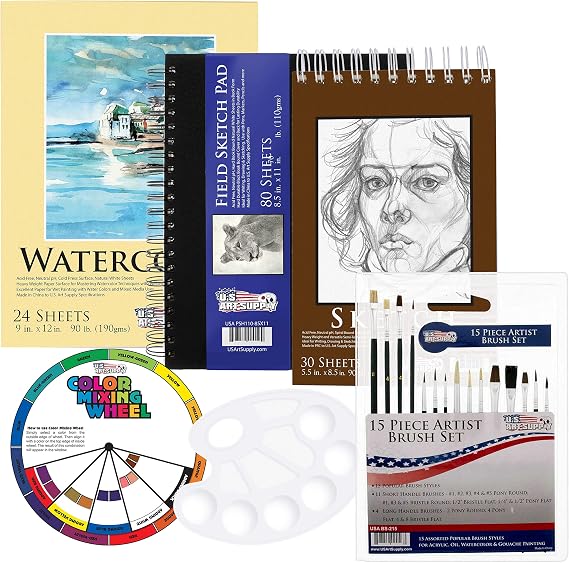 U.S. Art Supply Artist Essentials 20-Piece Set: Watercolor Paper, Sketchbooks & Brush Art Kit - Versatile Drawing, Sketching & Painting Supplies for Beginners to Professionals