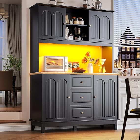Kitchen Cabinet, Kitchen Cupboard with Adjustable Shelves, Kitchens Sideboard 4 Drawers and 3 Doors and LED-Lighting, Kitchens, Living Room, Dining Room, Black, 120 x 40 x 180 cm