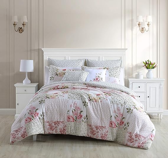 Laura Ashley Home - Twin Comforter Set, Reversible Cotton Bedding, Includes Matching Sham with Bonus Euro Sham & Throw Pillows, Coquette Room Decor (Ailyn Pink, Twin)