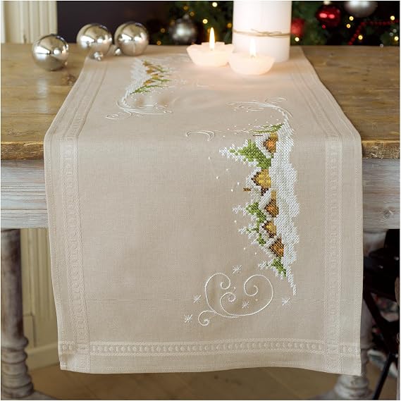Vervaco Embroidery Christmas Embroidery Kits Cross Stitch Table Runner DIY Set, Tablecloth to Embroider with Image on Cotton and Embroidery Thread, 16 x 40 Inches, Snow Village