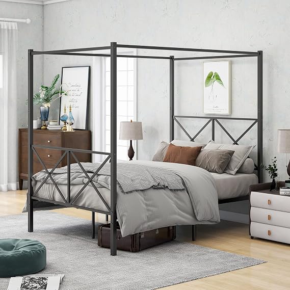 Full Size Canopy Bed Frame with Metal Headboard and Footboard Modern Style Steel Bed Platform Heavy Duty Slats Bed, Black