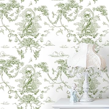 CiCiwind Peel and Stick Wallpaper Green Toile Wall Paper French Country Wallpaper for Bedroom Vintage Self Adhesive Removable Contact Paper for Bathroom Living Room Vinyl Rolls 17.3"78.7"