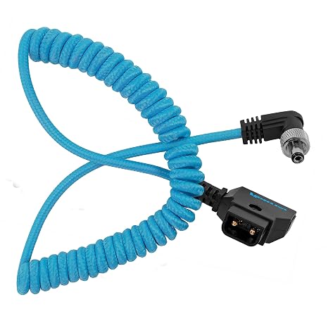 KONDOR BLUE | Coiled D-Tap to Locking DC 2.1mm Right Angle Power Cable | 16 to 32 Inch Stretch, Screw Lock Barrel, Nylon Braided Reinforced for Monitors, LED Lights, Accessories | Blue