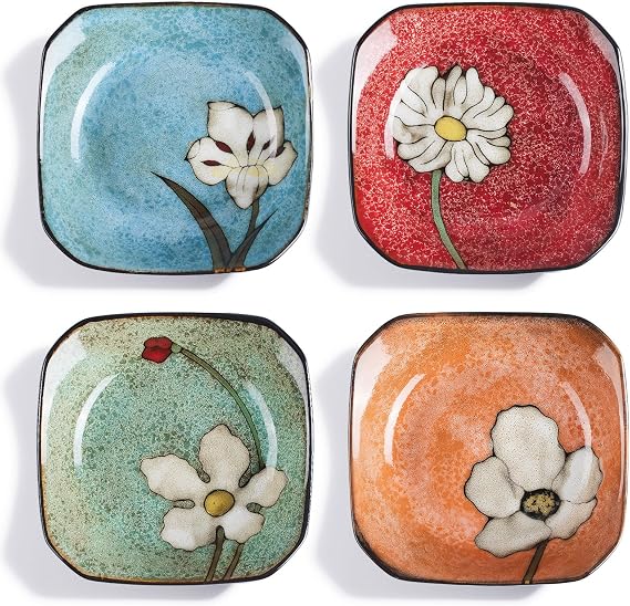 Porcelain Square Dessert Salad Pasta Plates 6.7 inches ceramic plates set of 4 Stackable Dinner Plates for Steak, Pasta, Salad,Dessert,Microwave and Dishwasher Safe (4 colors, 6.7 Inch)