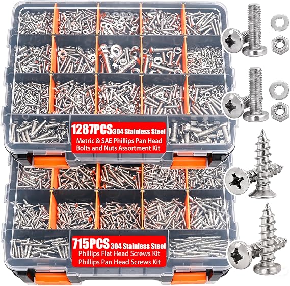 Twidec/2002PCS 304 Stainless Steel Hardware Assortment Kit,Metric & SAE Machine Screw Kit,Nuts And Bolts Assortment,Phillips Pan Head & Flat Head Screws And Washers with Double Sided Organizer Box