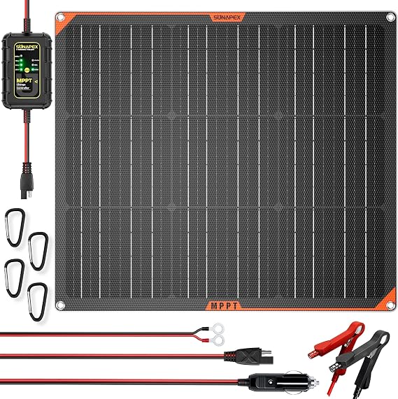 SUNAPEX MPPT 50Watt 12V Solar Car Battery Trickle Charger & Maintainer | Waterproof Flexible Solar Panel Kit | Prevents Overcharging with Smart Controller | Fits 12V Batteries for Boats, RVs & More