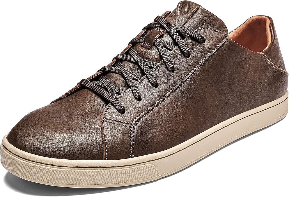 OLUKAI Kahu Pahaha Men's Leather Sneakers, Supple Full-Grain Leather Shoes, Drop-In Heel & All Weather Rubber Soles