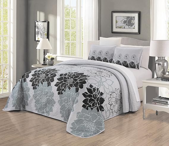 Grand Linen 3-Piece Fine Printed Oversize (100" X 95") Quilt Set Reversible Bedspread Coverlet Queen Size Bed Cover (Black, Gray, Grey Floral)