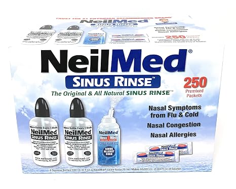 NeilMed Sinus Rinse - 2 squeeze Bottles 240mL (8fl oz) & Nasamist Saline Spray 75mL - 250 Premixed Packets - BONUS Nasa Mist Saline Spray - Value Pack