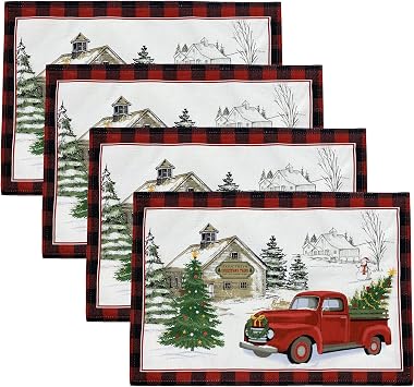 Elrene Home Fashions Vintage Christmas Tree Farm Cloth Holiday Placemats, Set of 4, 13 Inches x 19 Inches