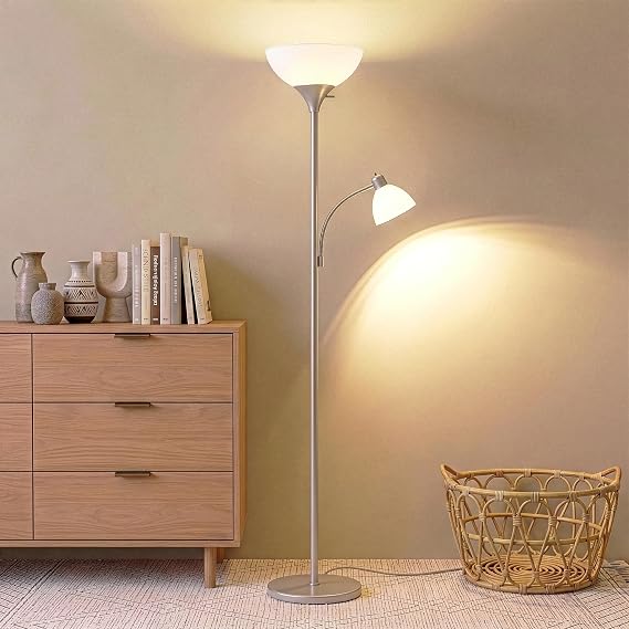 Brightech Sky Dome Plus LED Floor lamp, Torchiere Super Bright Floor Lamp with Reading Lamp for Living Rooms & Offices - Dimmable Tall Standing Lamp for Bedroom Reading - Silver