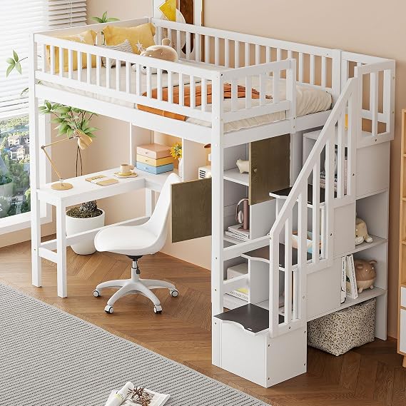 Twin Size Loft Bed with Stairs and Desk, Wood Loft Beds Frame with Storage Shelves and Cabinets, Loft Bed Frame with LED Lights for Kids, Teens, Adults, White