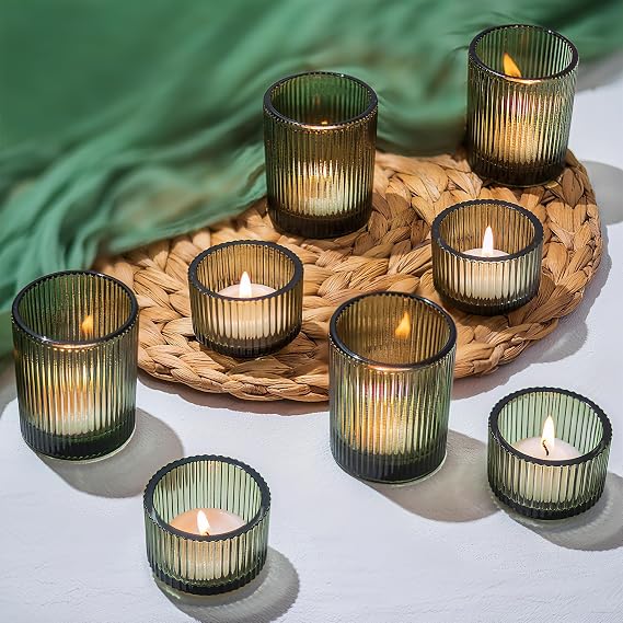 Glasseam Glass Votive Candle Holders: 8 Pcs Ribbed Green Tealight for Decor