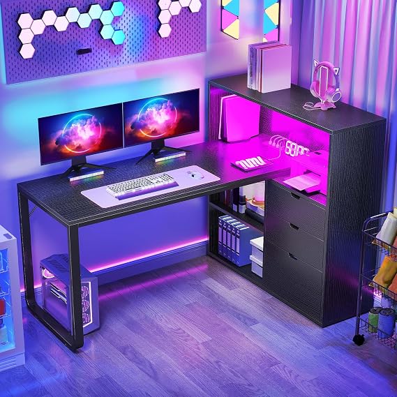 DWVO L Shaped Desk with Drawers, Computer Desk with Bookshelf, Black